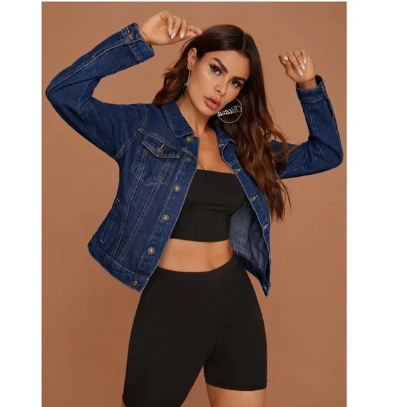 Dark Wash Blue Denim Jean Jacket Classic Button Up / Down Front Pockets - Picture 2 of 9